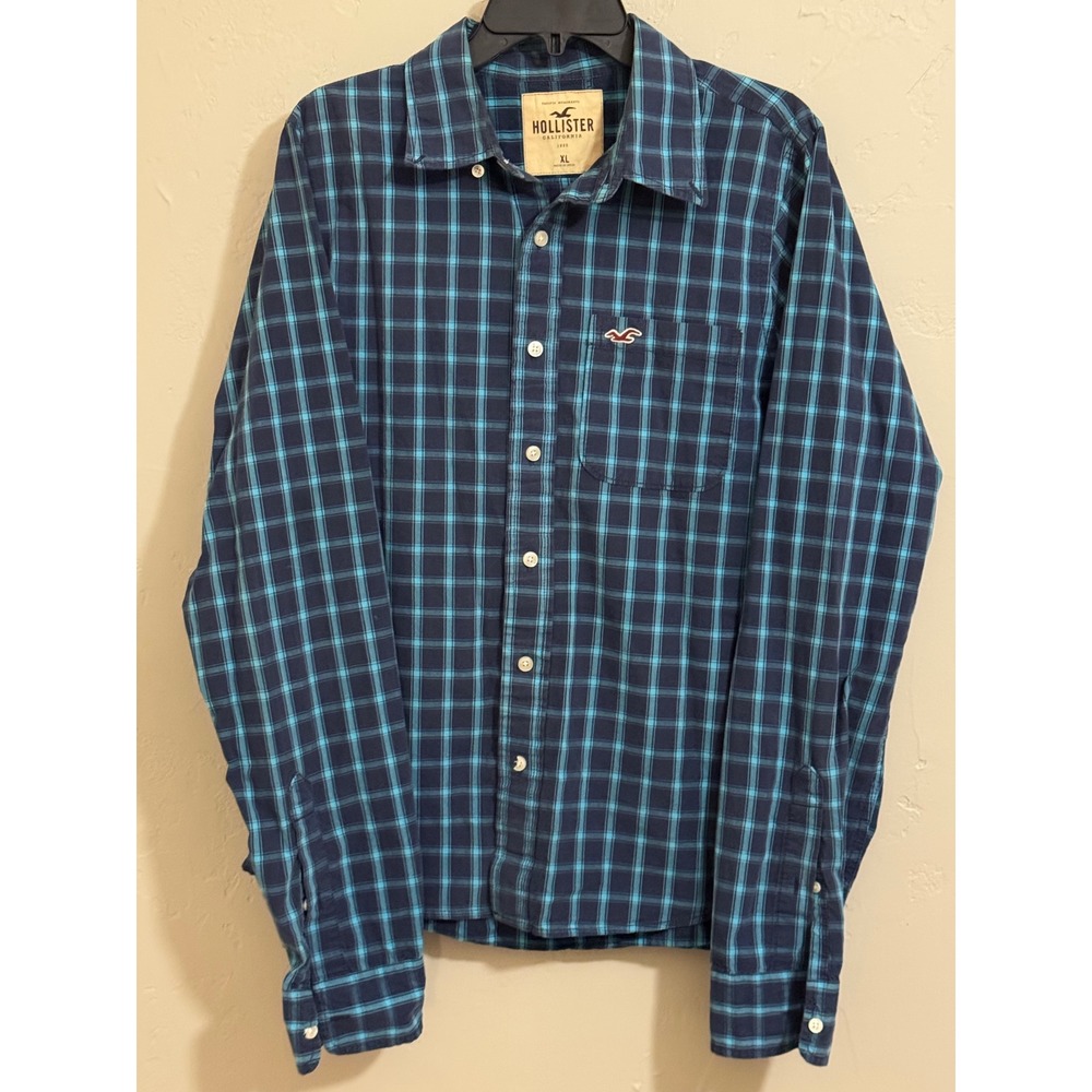 Hollister shirt XL blue teal plaid long sleeve button down seagull mens/FLAWED